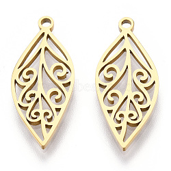 Ion Plating(IP) 304 Stainless Steel Pendants, Laser Cut, Leaf Charm, Real 18K Gold Plated, 25x10.5x1.5mm, Hole: 1.6mm(STAS-T063-207G)