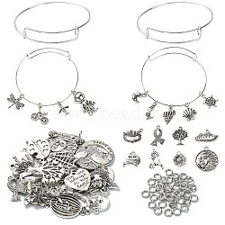 DIY Extendable Bangle with Charm Making Kit, Including Iron Bangle Making, Alloy Pendants, Pumpkin & Heart & Tree & Shell & Elephant & Christmas Reindeer, Antique Silver & Silver, 105Pcs/bag(DIY-YW0008-28)