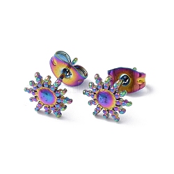 Ion Plating(IP) 304 Stainless Steel Stud Earring for Women, Sun, Rainbow Color, 9x8mm, Pin: 0.8mm(EJEW-I285-20MC)