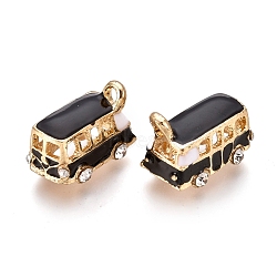 Alloy Pendants, with Enamel and Crystal Rhinestone, Bus, Golden, Black, 18x11x13mm, Hole: 2.5mm(ENAM-I044-01C)