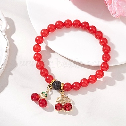 Lampwork & Alloy Rhinestone Charms Bracelets, Natural & Dyed Malaysia Jade & Lava Rock Beads Stretch Bracelets for Women, Cherry, Red, Inner Diameter: 2.28 inch(5.8cm)(BJEW-JB13269)