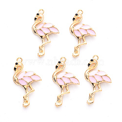 Alloy Enamel Pendants, Cadmium Free & Lead Free, Light Gold, Flamingo Shape, Pink, 29.5x16x3mm, Hole: 1.6mm(X-ENAM-R059-04D-RS)