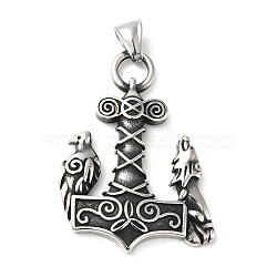 304 Stainless Steel Manual Polishing Pendants, Thor's Hammer with Crow & Wolf, Antique Silver, 49x34.5x4mm, Hole: 4x8.5mm(STAS-G274-26AS)
