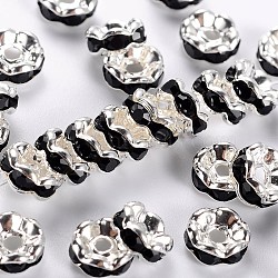 Brass Rhinestone Spacer Beads, Grade A, Black Rhinestone, Silver Color Plated, Nickel Free, Size: about 6mm in diameter, 3mm thick, hole: 1mm(RSB028NF-04)