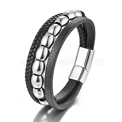 Imitation Leather Triple Layer Multi-strand Bracelets, Stainless Steel Bracelets Magnetic Clasp for Men, Black, Multi: 8-1/4 inch(21cm)(PW-WG04799-02)