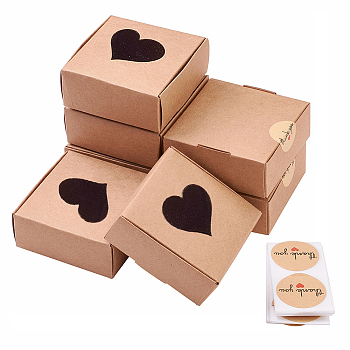 Square Kraft Paper Gift Storage Boxes, Visible Heart Window Gift Case with Round Dot Thank You Sticker Rolls, BurlyWood, Sticker: 25mm, Box: 7.5x7.5x3cm