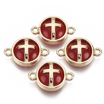 Glass Links connectors, with Light Gold Plated Alloy Findings, Flat Round with Cross, Dark Red, 13.5x19.5x5.5mm, Hole: 1.6mm