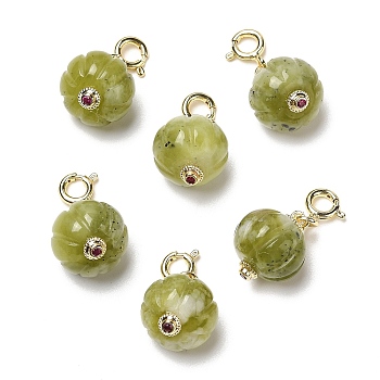 Natural Xiuyan Jade Pumpkin Pendant Decorations, with Brass Spring Ring Clasps, Real 14K Gold Plated, 23mm