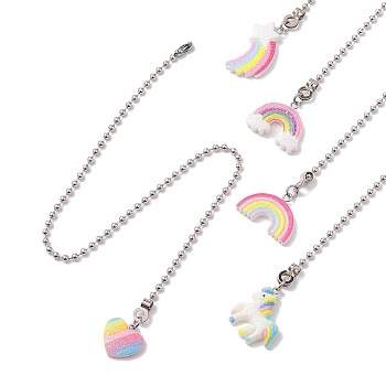 5Pcs Resin Ceiling Fan Pull Chain Extenders, with Iron Ball Chains, Rainbow & Unicorn & Star & Heart, Mixed Color, 332~342mm, Pendant: 17~31.5x18.5~26.5x3.5~5mm