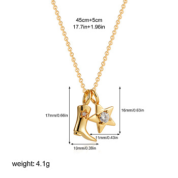 304 Stainless Steel Micro Pave Clear Cubic Zirconia Cowboy Boot and Star Pendant Necklaces, Golden, 17.72 inch(45cm), pendant: 17x10mm & 11x16mm