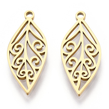 Ion Plating(IP) 304 Stainless Steel Pendants, Laser Cut, Leaf Charm, Real 18K Gold Plated, 25x10.5x1.5mm, Hole: 1.6mm