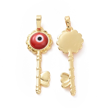 Handmade Evil Eye Lampwork Pendants, with Real 18K Gold Plated Tone Brass Findings, Key Charm, Red, 33x12x4mm, Hole: 4x6mm