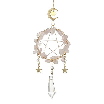 Wire Wrapped Natural Rose Quartz Chips & Brass Ring Pendant Decoration, with Glass Cone Charm, for Home Hanging Decoration, Moon & Star, 310~312mm, Hole: 8mm