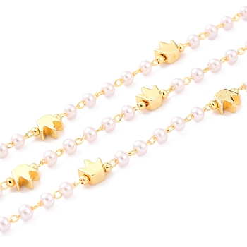 3.28 Feet Handmade CCB Plastic Imitation Pearl, with Brass Findings, Soldered, Long-Lasting Plated, Round & Crown, Golden, Round Beads: 3mm, Crown Beads: 5.5x5.5x3mm