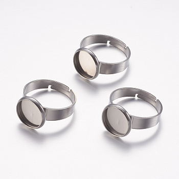 Adjustable 304 Stainless Steel Finger Rings Components, Pad Ring Base Findings, Flat Round, Stainless Steel Color, Tray: 10mm, 17mm