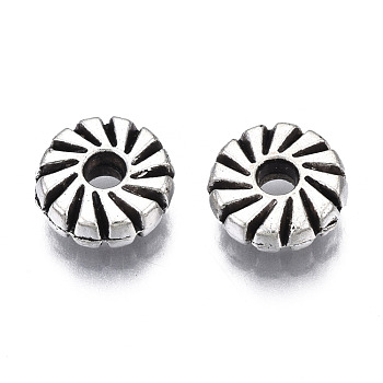 Tibetan Style Alloy Beads, Cadmium Free & Lead Free, Flower, Antique Silver, 8x2.5mm, Hole: 1.8mm, about 1500pcs/1000g