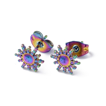 Ion Plating(IP) 304 Stainless Steel Stud Earring for Women, Sun, Rainbow Color, 9x8mm, Pin: 0.8mm