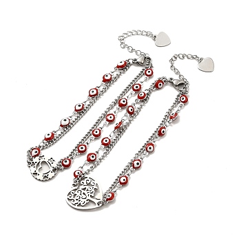 Red Enamel Evil Eye & 304 Stainless Steel Curb Chains Double Layer Multi-strand Bracelet with Charm for Women, Stainless Steel Color, Mixed Patterns, Pendant: 15~18x13.5~18x1.3~1.4mm, 9-1/4 inch(23.5cm)