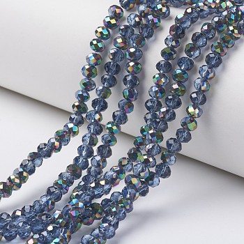 Electroplate Transparent Glass Beads Strands, Half Multi-color Plated, Faceted, Rondelle, Dodger Blue, 8x6mm, Hole: 1mm, about 63~65pcs/strand, 39~40cm