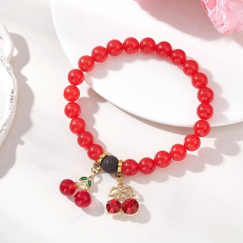 Lampwork & Alloy Rhinestone Charms Bracelets, Natural & Dyed Malaysia Jade & Lava Rock Beads Stretch Bracelets for Women, Cherry, Red, Inner Diameter: 2.28 inch(5.8cm)