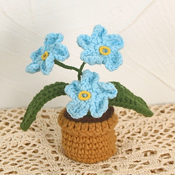 3D Handmade Crochet Flowers, Mini Crochet Flower Potted Plant Ornaments for Home Car Office Table, Light Sky Blue, 50x130mm