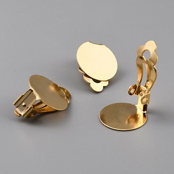 Brass Clip-on Earring Findings, with Round Flat Pad, Long-Lasting Plated, Real 24K Gold Plated, 20x15x10mm, Hole: 3mm, Tray: 15mm