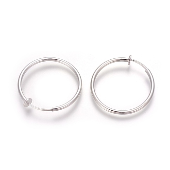 Electroplate Brass Retractable Clip-on Earrings, Non Piercing Spring Hoop Earrings, Cartilage Earring, Silver Color Plated, 30.5x1~2mm, Clip Pad: 5mm