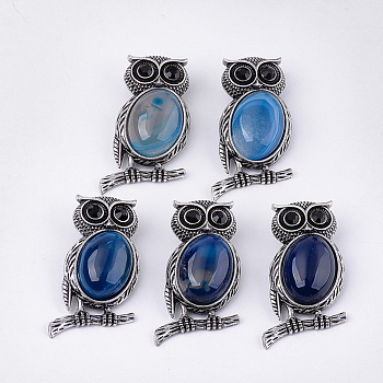 Natural Agate Brooches/Pendants, with Rhinestone and Alloy Findings, Dyed, Owl, Antique Silver, 51x28~29x15~16.5mm, Hole: 4.5x8.5mm, Pin: 0.5mm