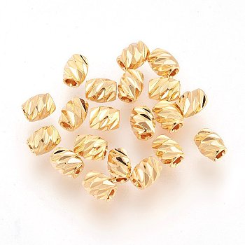 Brass Spacer Beads, Nickel Free, Real 18K Gold Plated, Fancy Cut, Barrel, 4x3mm, Hole: 1mm