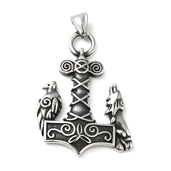 304 Stainless Steel Manual Polishing Pendants, Thor's Hammer with Crow & Wolf, Antique Silver, 49x34.5x4mm, Hole: 4x8.5mm