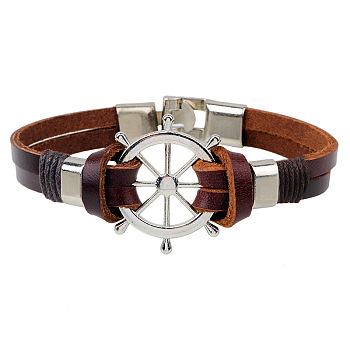 Helm Alloy Leather Cord Link Bracelets, Brown, 60mm