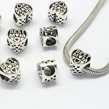 Tibetan Style Alloy Beads, Large Hole Beads, Heart, Antique Silver, 11x12x9mm, Hole: 6mm