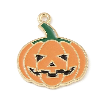 Halloween Theme Alloy Enamel Pendants, Light Gold, Pumpkin Charm, Sea Green, 24.5x21x1.5mm, Hole: 1.6mm