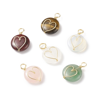 Natural & Synthetic Gemstone Pendants, with Real 18K Gold Plated Eco-Friendly Copper Wire Wrapped, Flat Round with Heart Charm, 22x16x5.5mm, Hole: 3~4.5mm