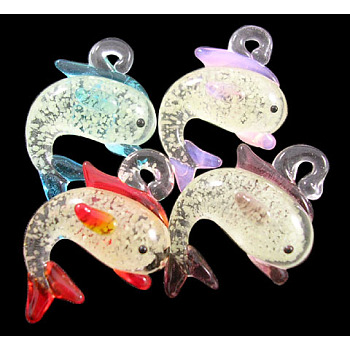 Handmade Lampwork Pendants, Luminous Dolphins, Mixed Color, about 21mm Wide, 25mm Long, Hole: 3.5mm