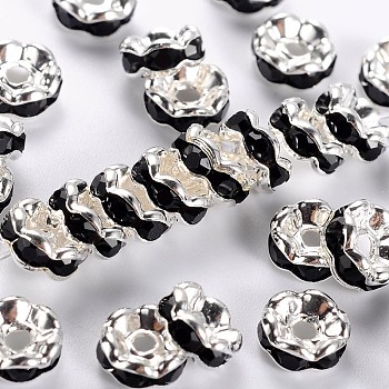Brass Rhinestone Spacer Beads, Grade A, Black Rhinestone, Silver Color Plated, Nickel Free, Size: about 6mm in diameter, 3mm thick, hole: 1mm