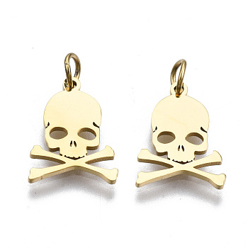 304 Stainless Steel Charms, with Jump Rings, Laser Cut, Skull, for Halloween, Real 14K Gold Plated, 13x9.5x1mm, Jump Ring: 3.8x0.6mm, 2.6mm inner diameter