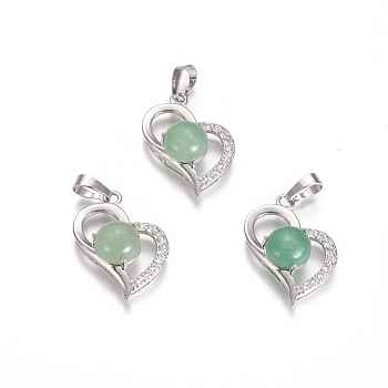 Natural Green Aventurine Pendants, with Platinum Tone Brass Findings and Crystal Rhinestone, Heart, 29x21.5x9mm, Hole: 7x3.5mm