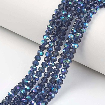 Electroplate Glass Beads Strands, Half Rainbow Plated, Faceted, Rondelle, Marine Blue, 4x3mm, Hole: 0.4mm, about 113~115pcs/strand, 41~42cm