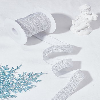 5Yards Gold and Silver Sparkle Elastic Side Nylon Ribbon, Webbing Garment Sewing Accessories, with 1Pc Plastic Spools, White, 5/8 inch(15mm)