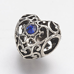 Tibetan Style Alloy Rhinestone European Beads, Large Hole Beads, Hollow Heart, Antique Silver, Blue, 12x12.5x9.5mm, Hole: 5mm(PALLOY-F202-38I)
