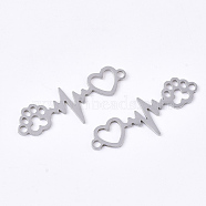 201 Stainless Steel Links connectors, Laser Cut Links, Heartbeat with Paw Print, Stainless Steel Color, 33x12x1mm, Hole: 1.8mm(X-STAS-N091-34P)