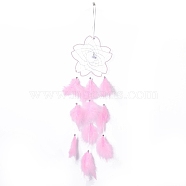 Handmade Flower Woven Net/Web with Feather Wall Hanging Decoration, with Beads & Cotton Thread, for Home Offices Amulet Ornament, Pearl Pink, 610~670x155mm, Pendant: 530mm long(HJEW-A001-03A)