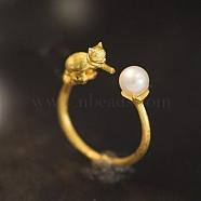 925 Sterling Silver Ring Pearl Cat Open Cuff Ring with Imitation Pearl, Golden, US Size 7 1/4(17.5mm)(JR971A)