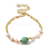 Synthetic Turquoise Round Link Bracelets with Natural Pearl, with Brass Chains, Real 14K Gold Plated, 6-1/4 inch(15.9cm)(BJEW-C051-14G)