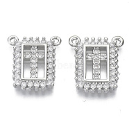 Brass Micro Pave Cubic Zirconia Pendants, for Religion, Nickel Free, Rectangle with Cross, Clear, Real Platinum Plated, 16x14x2.5mm, Hole: 1.2mm(ZIRC-S061-195P-NF)