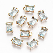 Brass Glass Rhinestone Pendants, Long-Lasting Plated, Cadmium Free & Lead Free, Rectangle, Light Gold, Aquamarine, 10x6x4.5mm, Hole: 1.4mm(X-GLAA-S179-21H-RS)