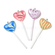 Luminous Transparent Resin Cartoon Big Pendants, with Platinum Tone Iron Loops and Plastic Bar, Lollipop Charms, Mixed Color, Heart, 60.5x23x7mm, Hole: 2mm(CRES-F024-02B)