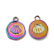 Ion Plating(IP) 304 Stainless Steel Pendants, Flat Round with Shell Charm, Rainbow Color, 16.5x13x2mm, Hole: 2.5mm(STAS-A070-43MC)