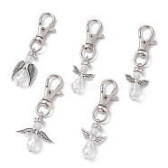Angel Alloy & Glass Pearl Beads Pendants Decorations, with Alloy Swivel Lobster Claw Clasps, Antique Silver, 70~72mm(HJEW-JM01102)